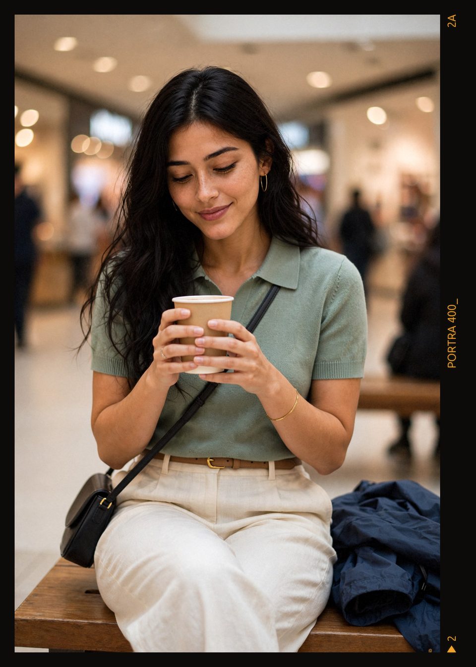 Kaethia_ sits on a wooden bench holding a paper coffee cup in both hands, eyes lowered and smiling, her navy jacket beside her and blurred passers-by behind.