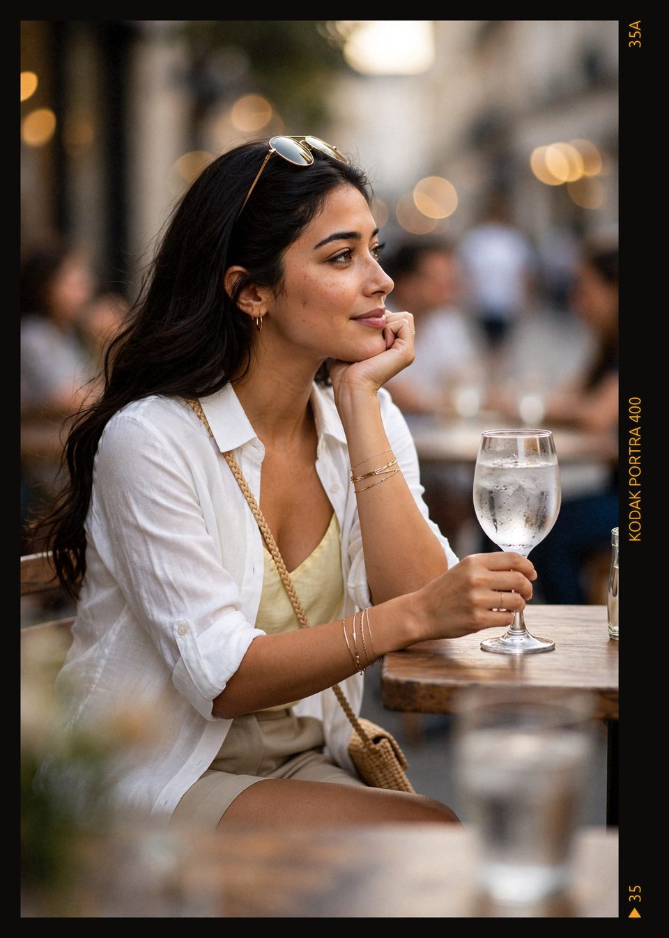 Kaethia_ rests her chin on her hand in profile at an outdoor table, a glass of water beside her, looking out toward a softly blurred crowd and warm lights.