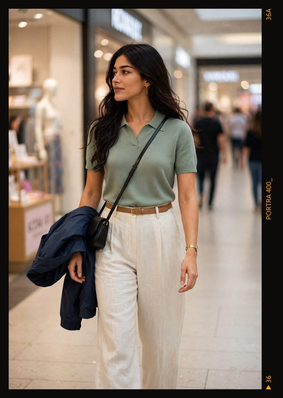 Kaethia_ walks along a bright shopping corridor in a green knit polo and cream linen trousers, a navy jacket over her arm, looking to the side toward a shop window while shoppers blur behind her.