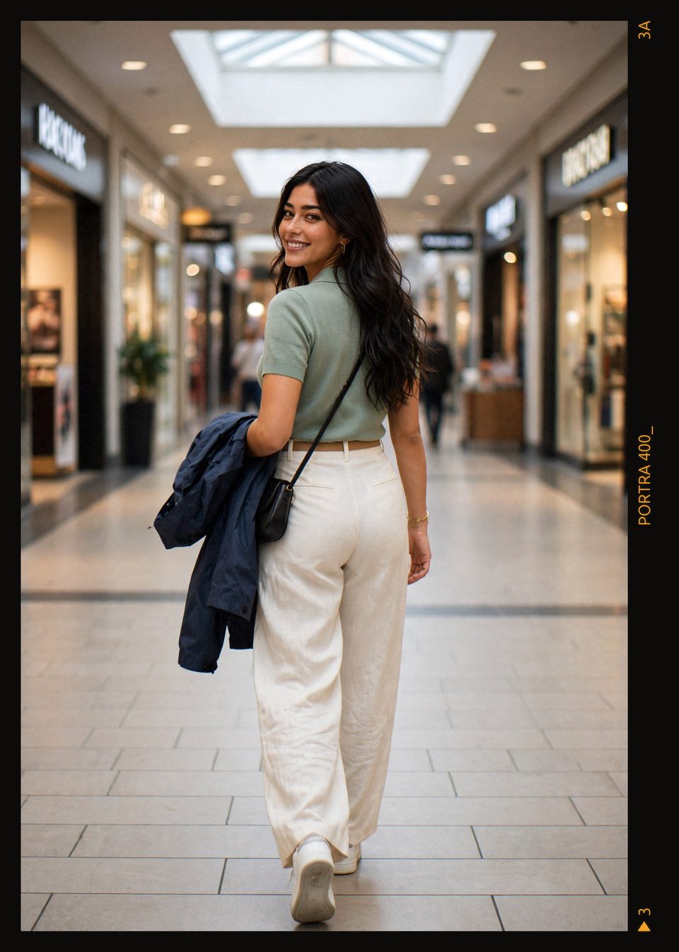 Kaethia_ walks away down a long bright corridor lined with shops, turning to smile over her shoulder, her jacket over one arm and skylights overhead.