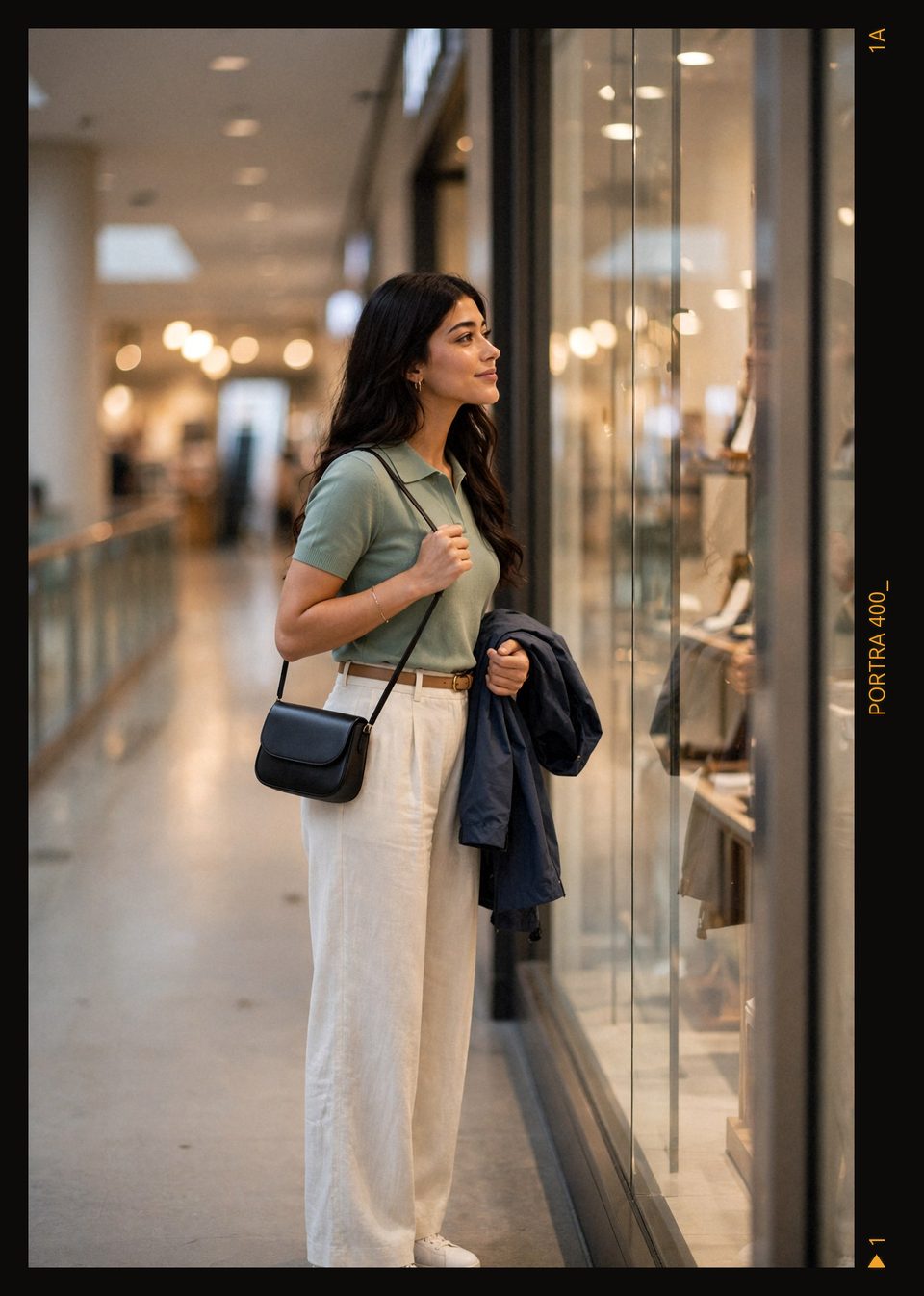 Kaethia_ stands in profile at a tall glass shop window, smiling softly, one hand on her black shoulder bag strap, warm lights blurred down the corridor behind her.