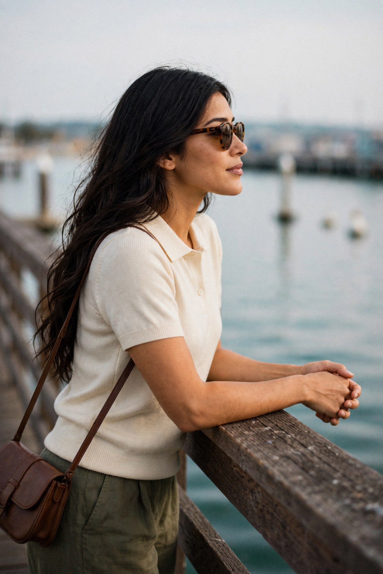 Kaethia_ leans on a weathered wooden rail in profile, hands clasped, sunglasses on, gazing out over calm water in soft evening light.
