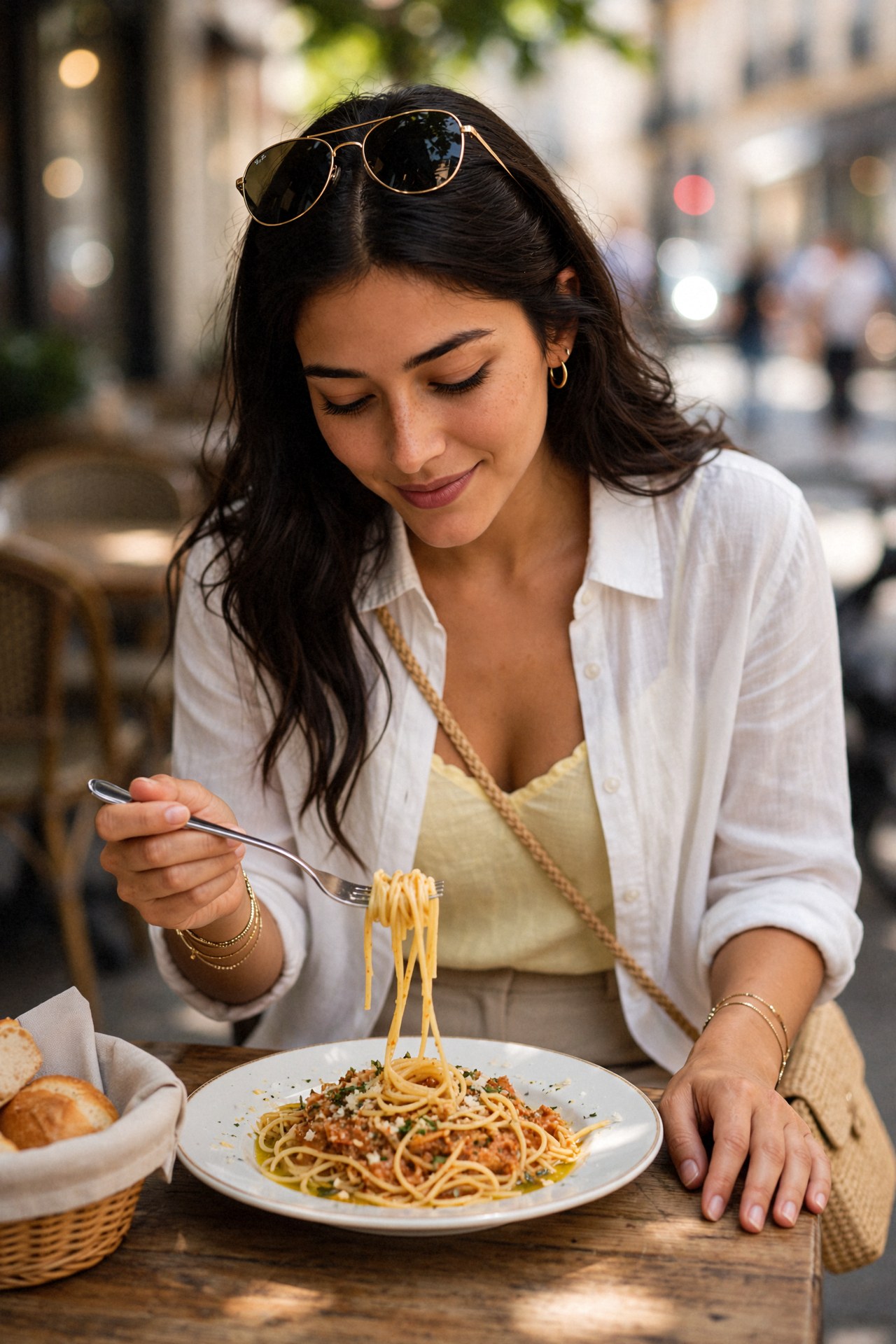 Kaethia_ smiles with her eyes lowered as she lifts a forkful of spaghetti from a plate on a wooden table, sunglasses resting on her dark hair, in soft dappled light.