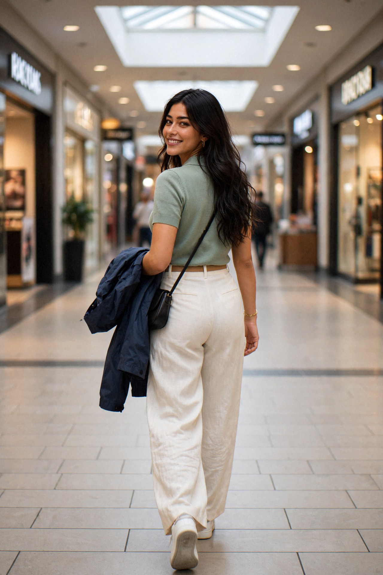 Kaethia_ walks away down a long bright corridor lined with shops, turning to smile over her shoulder, her jacket over one arm and skylights overhead.