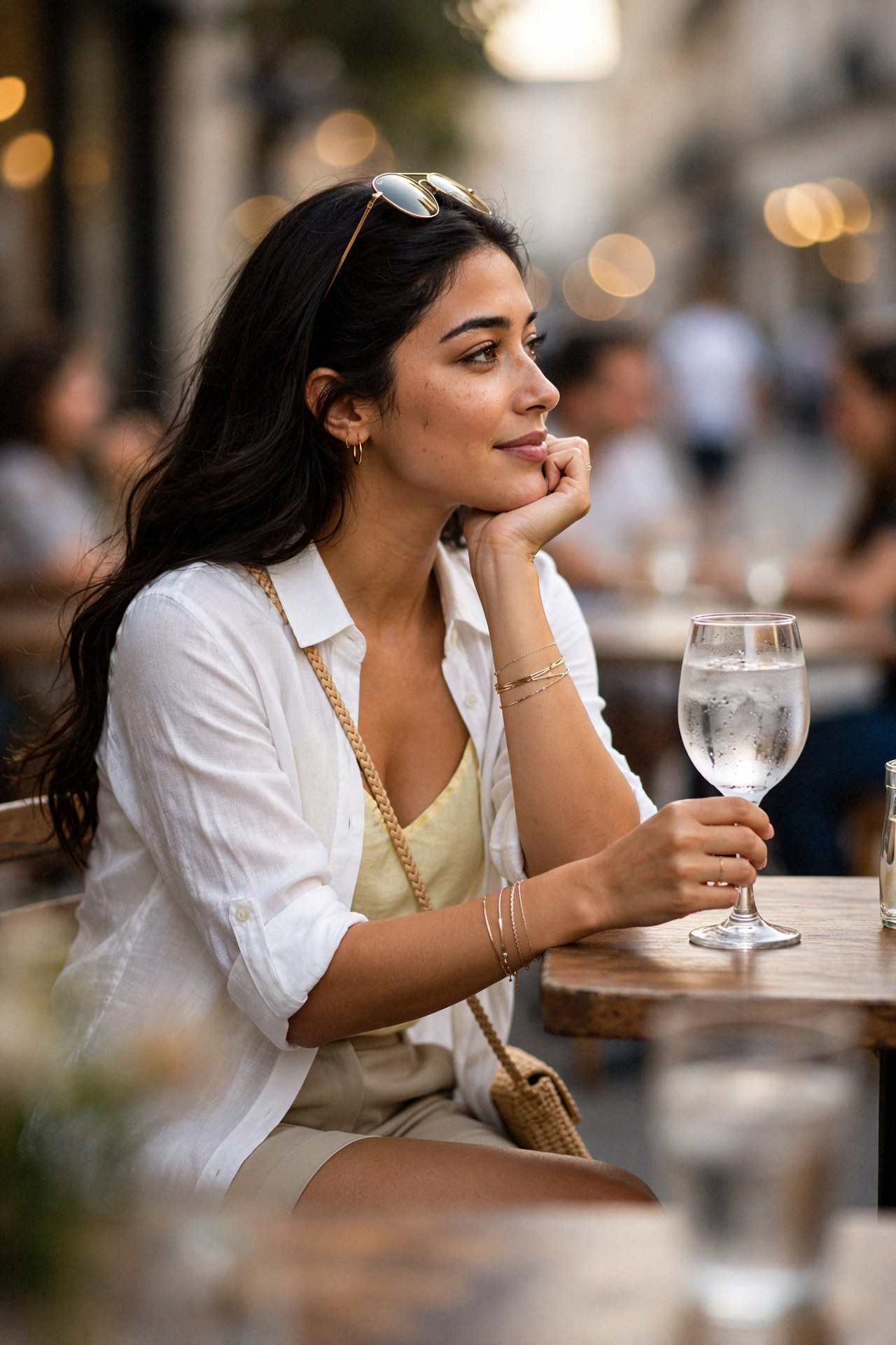Kaethia_ rests her chin on her hand in profile at an outdoor table, a glass of water beside her, looking out toward a softly blurred crowd and warm lights.