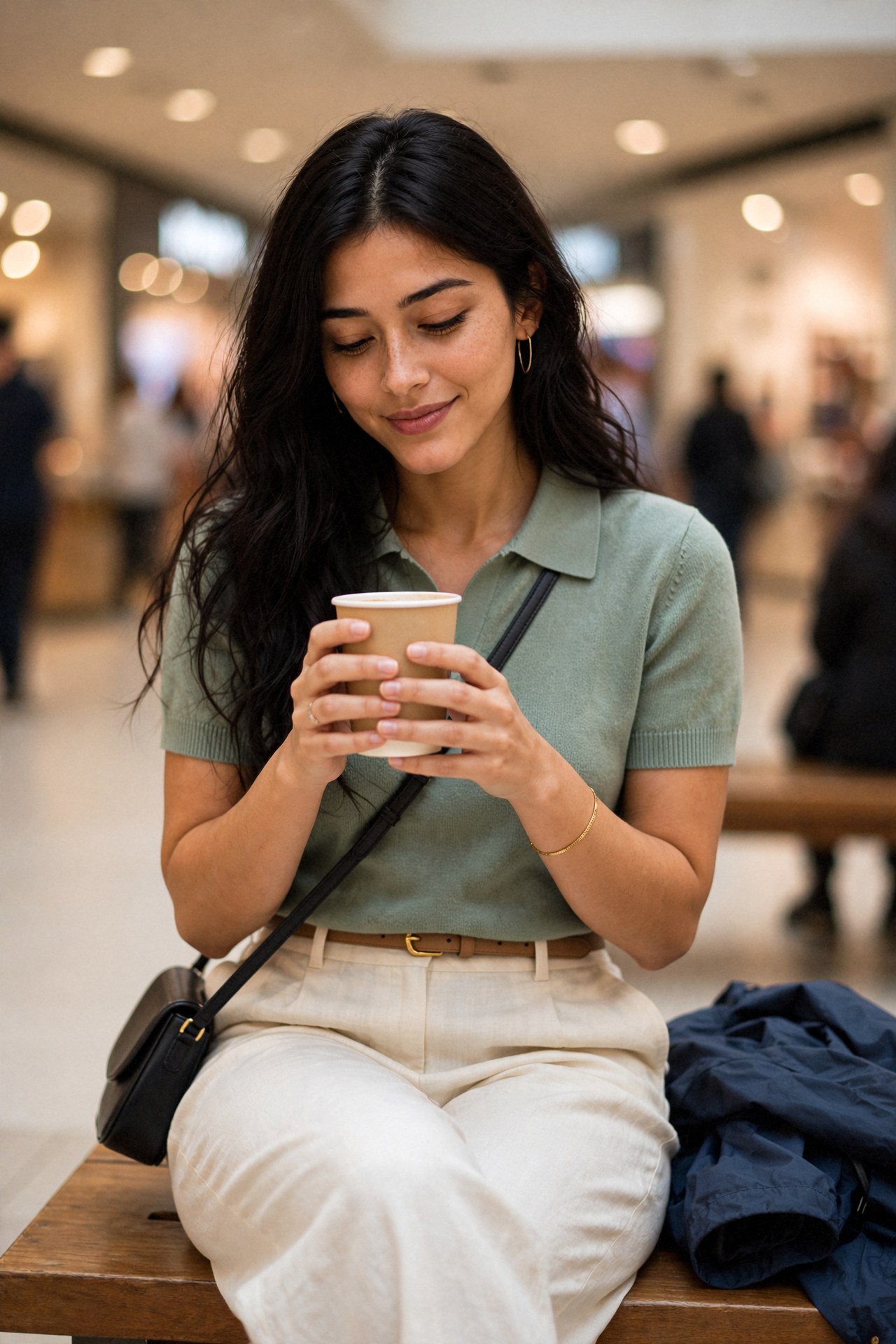 Kaethia_ sits on a wooden bench holding a paper coffee cup in both hands, eyes lowered and smiling, her navy jacket beside her and blurred passers-by behind.