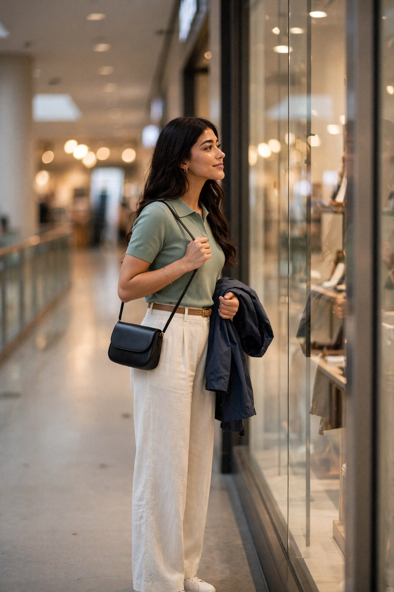 Kaethia_ stands in profile at a tall glass shop window, smiling softly, one hand on her black shoulder bag strap, warm lights blurred down the corridor behind her.