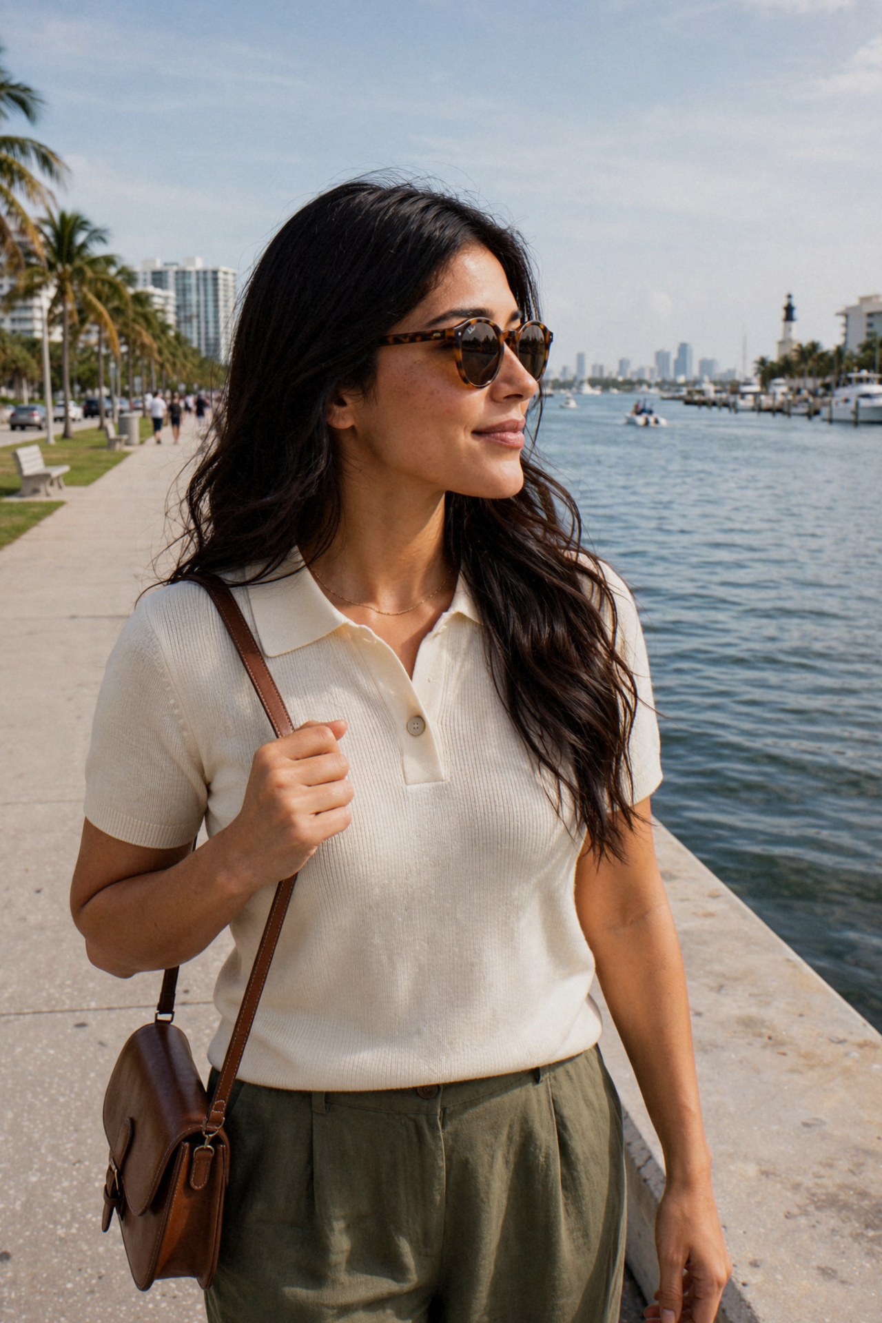 Kaethia_ in tortoiseshell sunglasses and a cream knit polo walks along a waterfront path, looking out to her right toward the water, with palms, boats and city towers behind her.