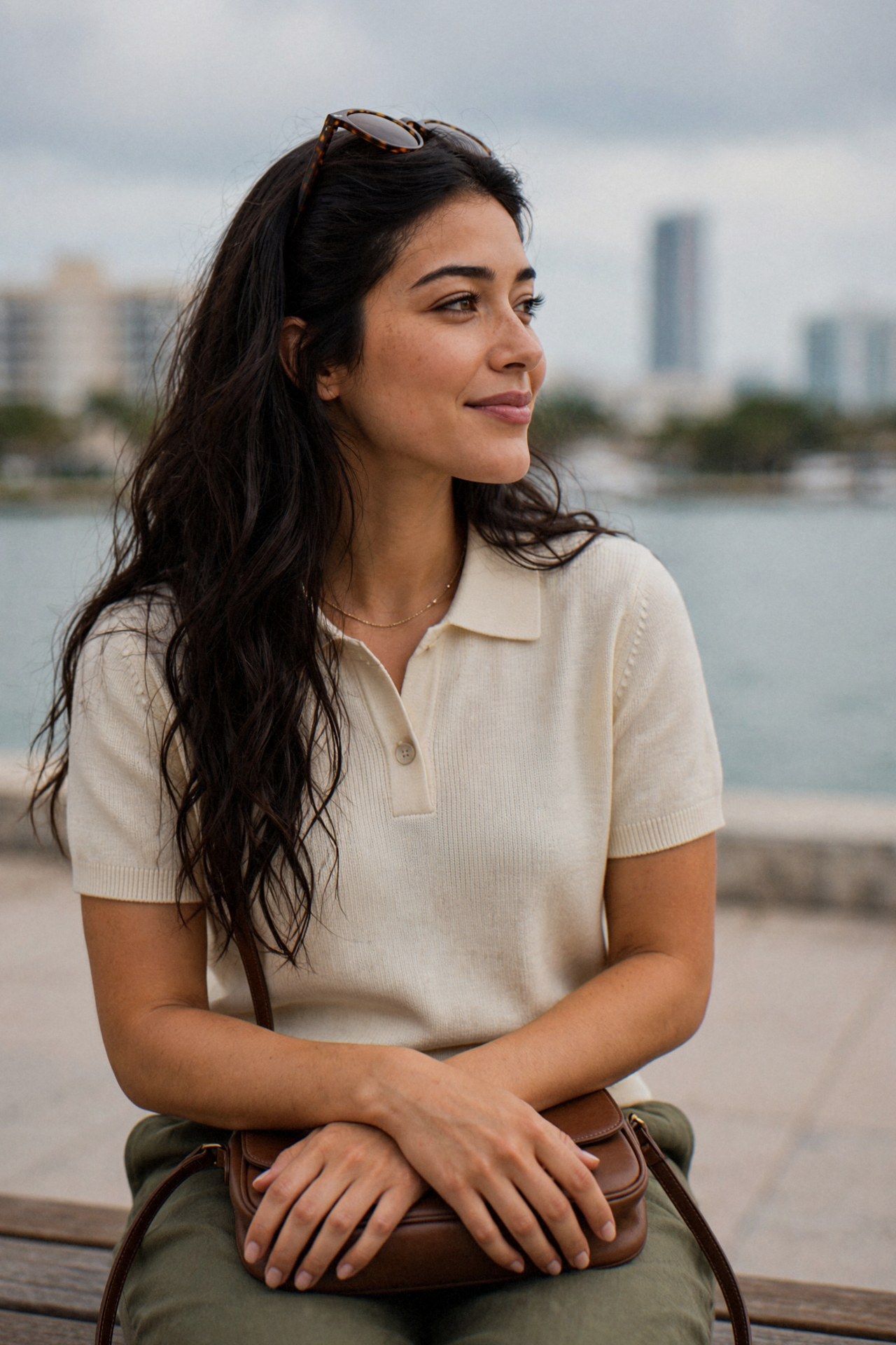 Kaethia_ sits on a bench with her hands resting on a small brown bag, sunglasses pushed into her hair, smiling and looking out toward the water under a cloudy sky.